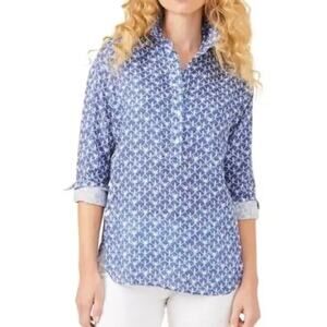 J. McLaughlin Womens XL Blue Aviary Bird Print Linen 1/4 button Popover Shirt